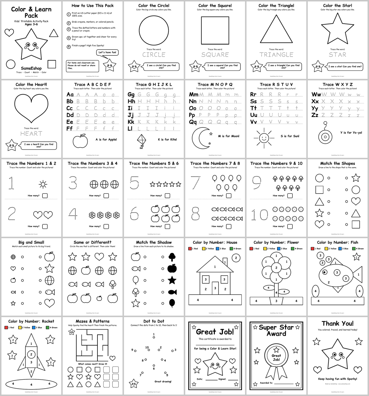 SamsEshop Color and Learn Pack: all 30 printable activity pages for ages 3-6