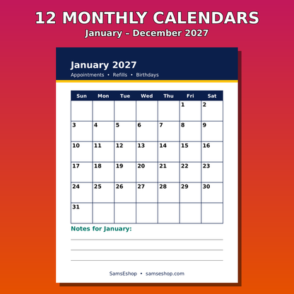 12 monthly calendars, January to December 2027