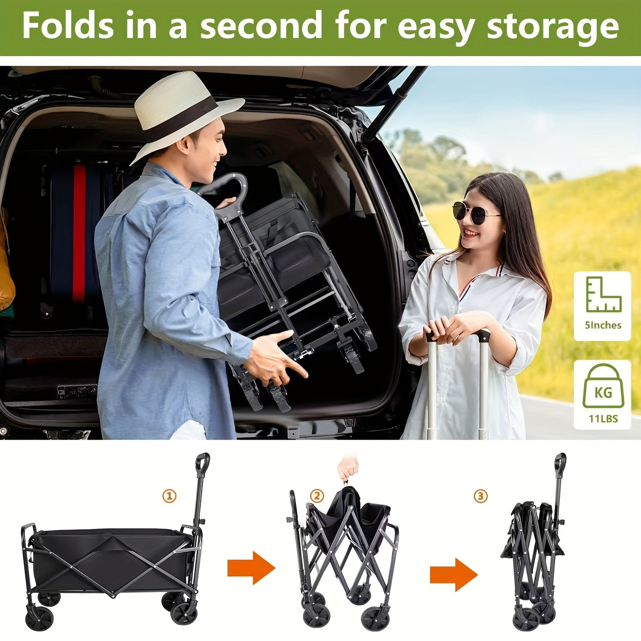 All Terrain Heavy Duty Folding Cart, Large Capacity Camper Suitable for Yard Shopping/ Sports/ Outdoor/ Gardening Equipment Handling, Black Multifunctional Utility Cart