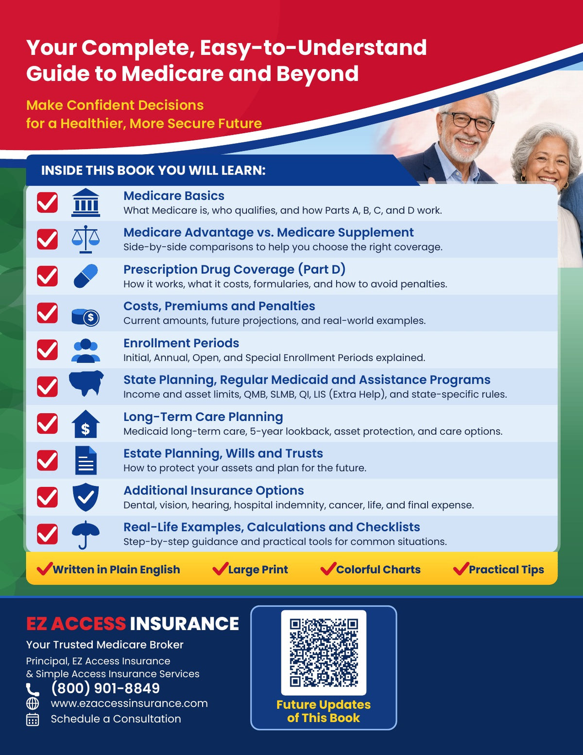 Back cover of The Complete Medicare Guide, First Edition by Sam Silva: what you will learn, including wills and trusts and extra insurance options, with the Future Updates QR code