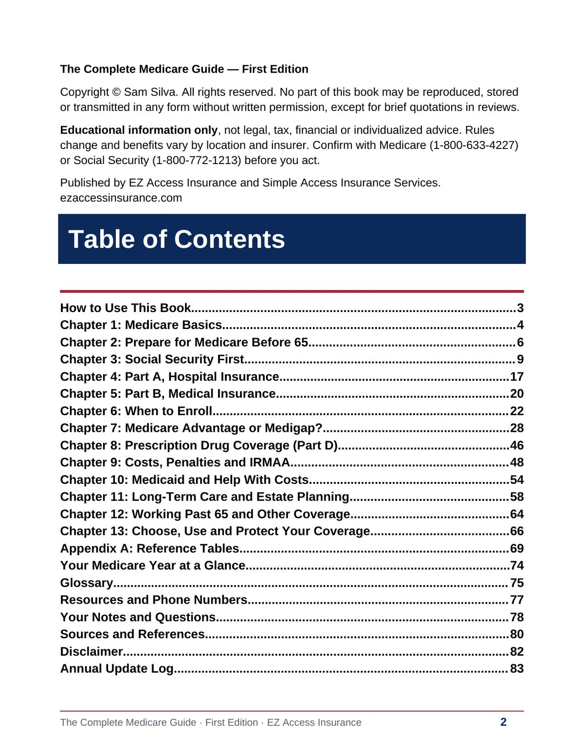 Table of contents of The Complete Medicare Guide, First Edition by Sam Silva: Chapters 1 to 13, Appendix A, glossary and resources with page numbers