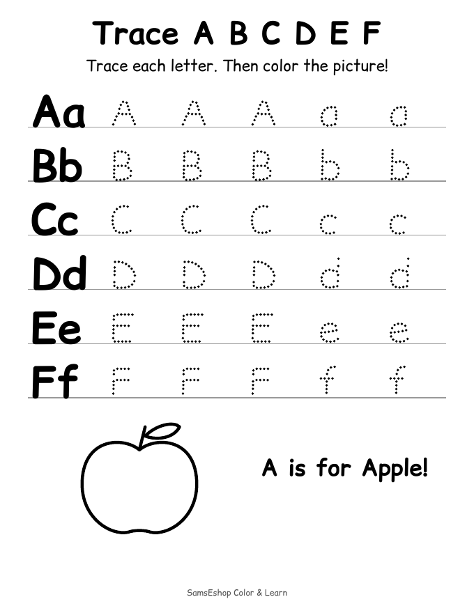 ABC letter tracing page from the SamsEshop Color and Learn Pack