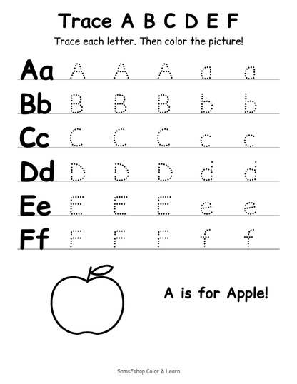 ABC letter tracing page from the SamsEshop Color and Learn Pack