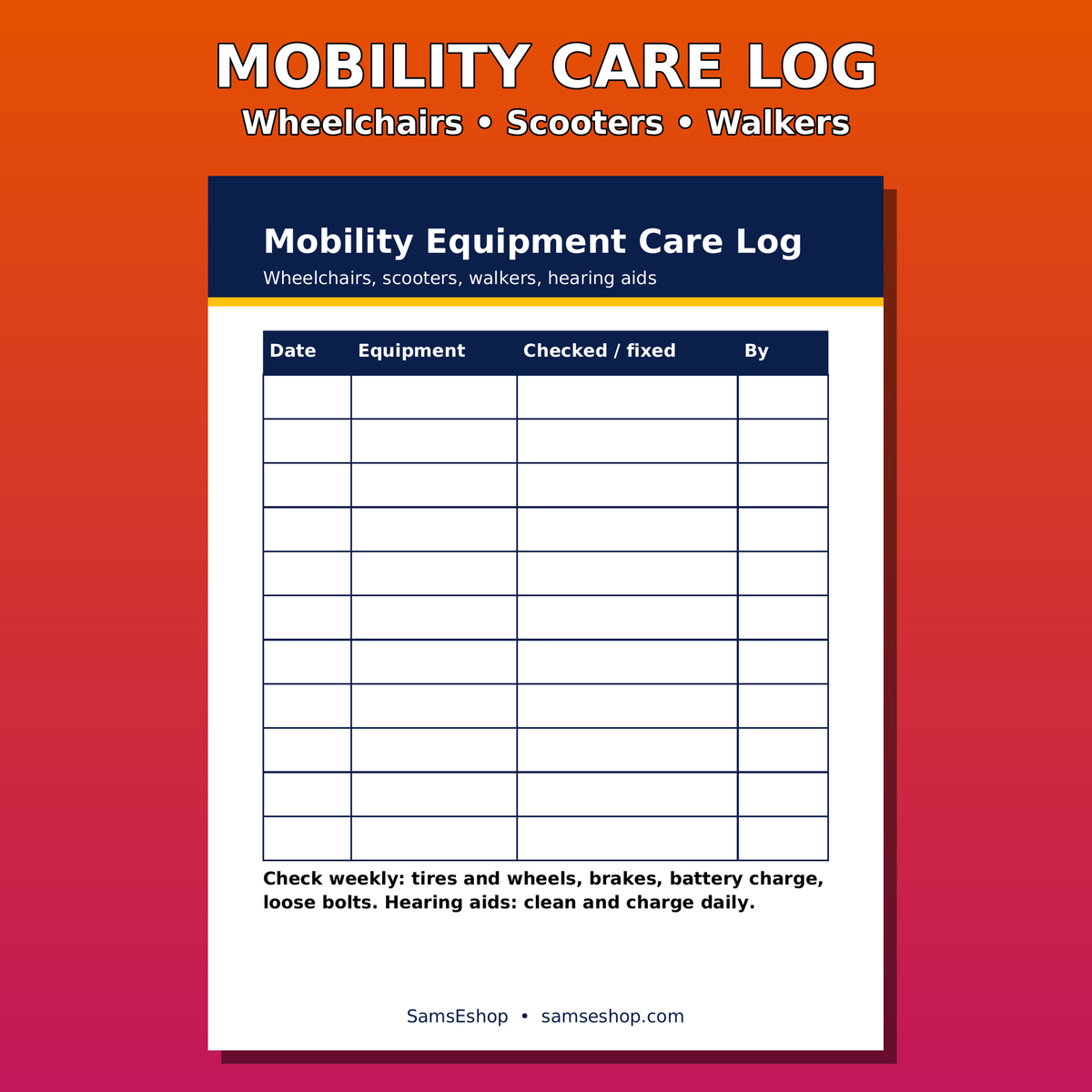 Mobility equipment care log page