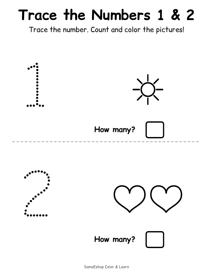 Number tracing and counting page from the SamsEshop Color and Learn Pack