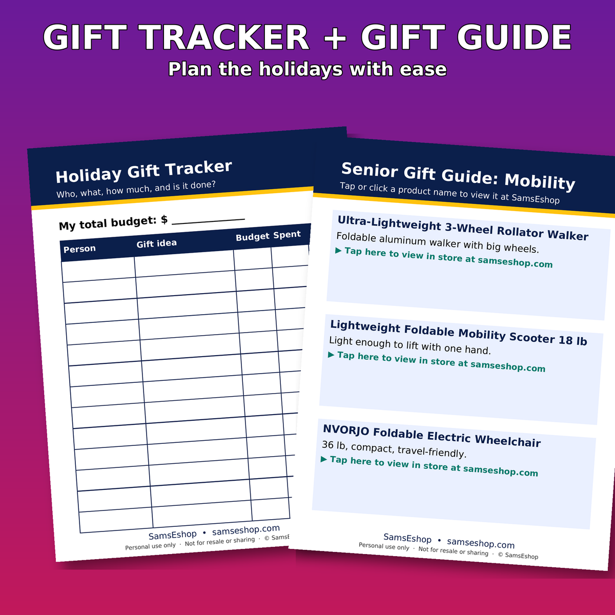 Holiday gift tracker and senior gift guide pages