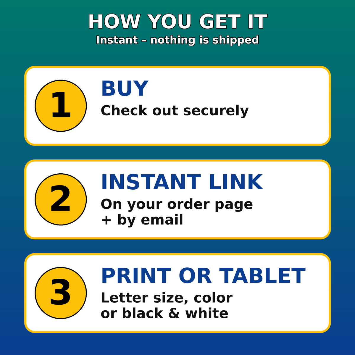 How you get it: buy, instant download link, print or use on tablet