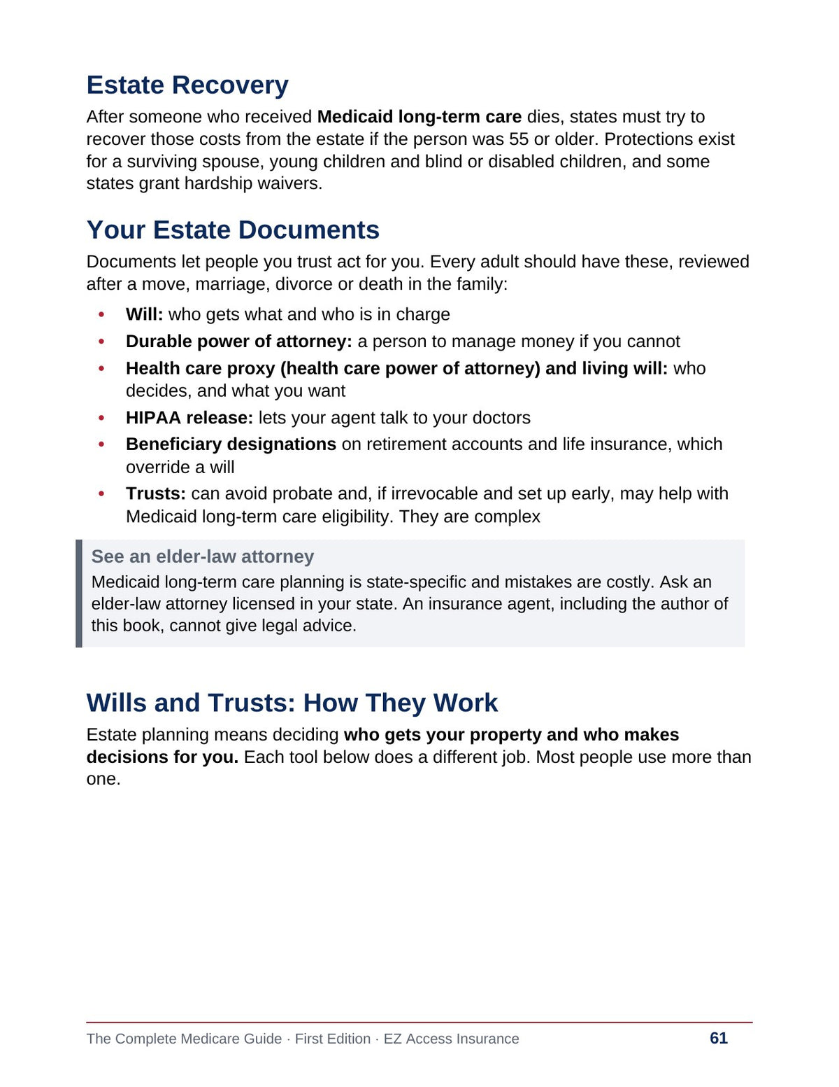 Sample page: estate planning, wills and trusts, how they work and why documents matter