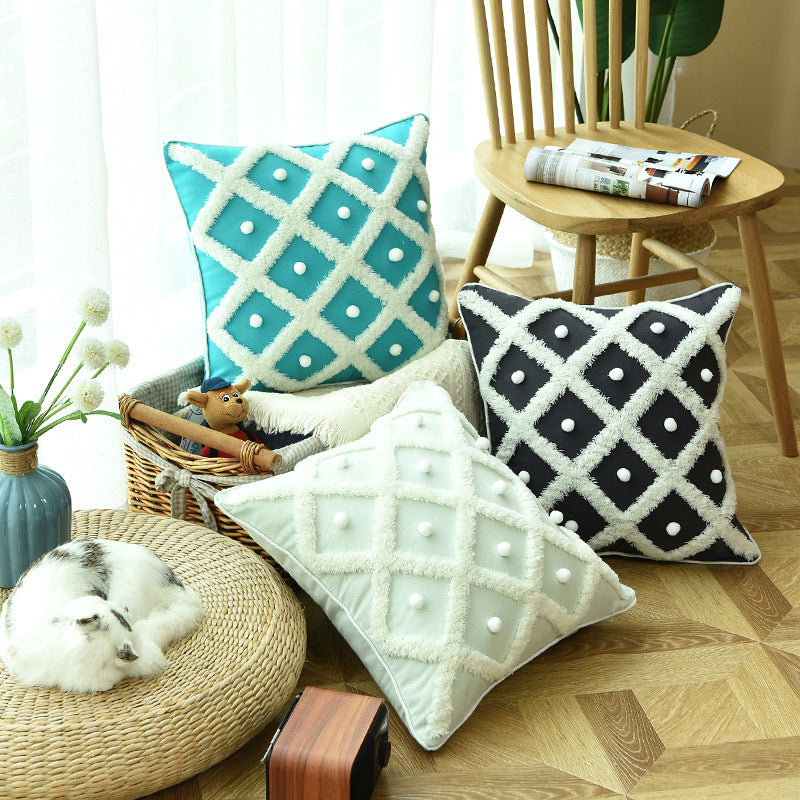 Boho Cotton & Hemp Cushion Cover – 45x45cm Decorative Pillow Case | Black, Blue & White