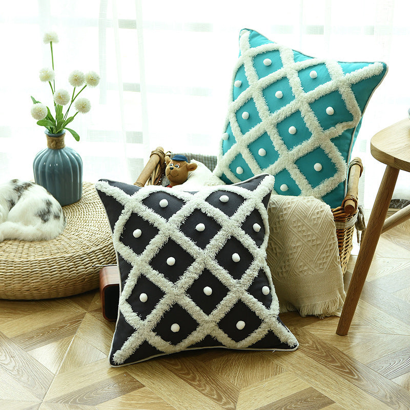 Boho Cotton & Hemp Cushion Cover – 45x45cm Decorative Pillow Case | Black, Blue & White