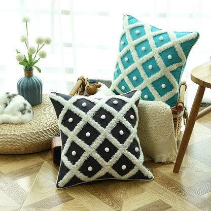 Boho Cotton & Hemp Cushion Cover – 45x45cm Decorative Pillow Case | Black, Blue & White
