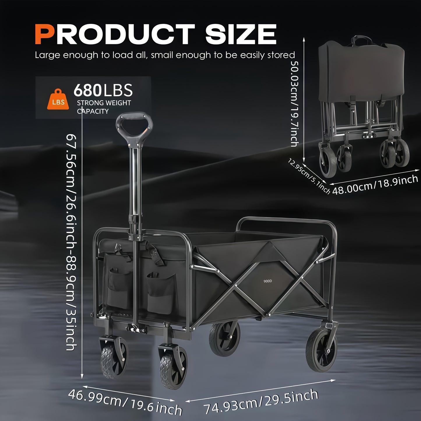 All Terrain Heavy Duty Folding Cart, Large Capacity Camper Suitable for Yard Shopping/ Sports/ Outdoor/ Gardening Equipment Handling, Black Multifunctional Utility Cart