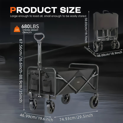 All Terrain Heavy Duty Folding Cart, Large Capacity Camper Suitable for Yard Shopping/ Sports/ Outdoor/ Gardening Equipment Handling, Black Multifunctional Utility Cart