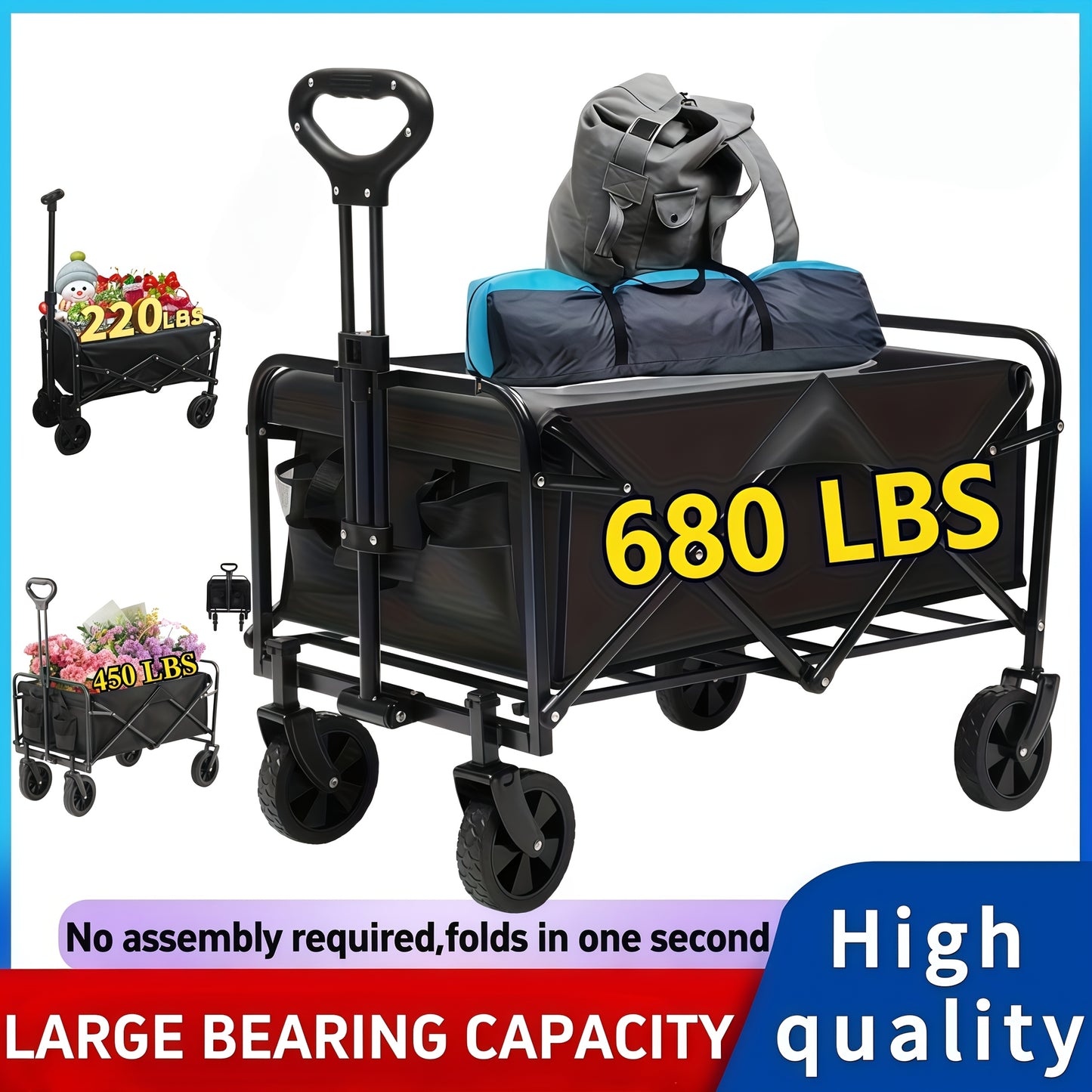 All Terrain Heavy Duty Folding Cart, Large Capacity Camper Suitable for Yard Shopping/ Sports/ Outdoor/ Gardening Equipment Handling, Black Multifunctional Utility Cart