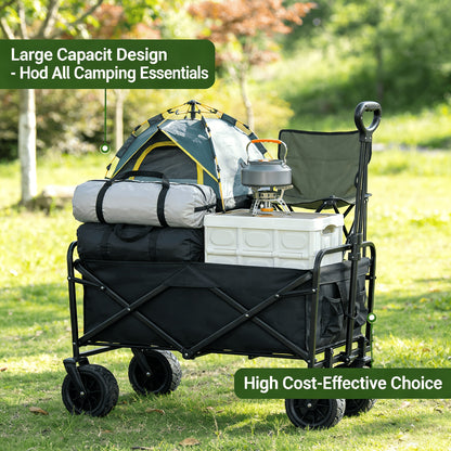 All Terrain Heavy Duty Folding Cart, Large Capacity Camper Suitable for Yard Shopping/ Sports/ Outdoor/ Gardening Equipment Handling, Black Multifunctional Utility Cart