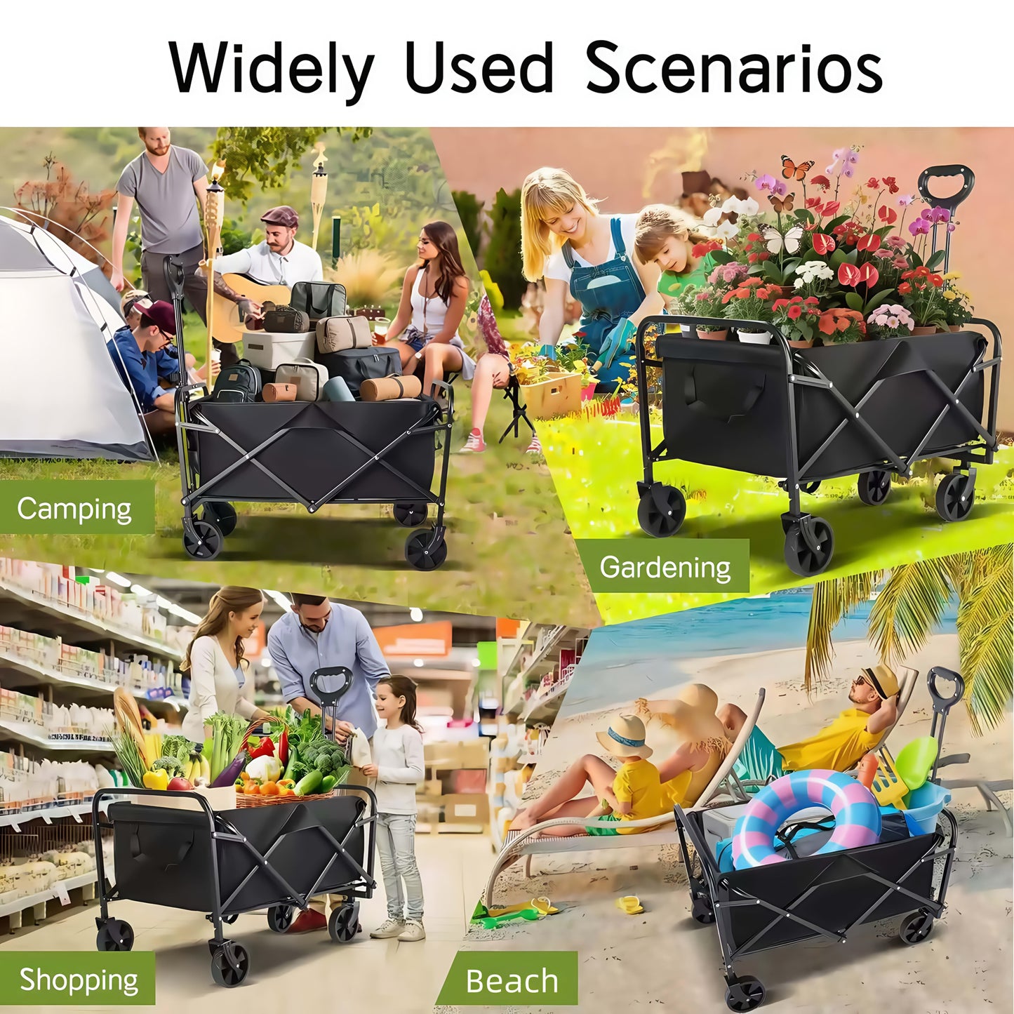 All Terrain Heavy Duty Folding Cart, Large Capacity Camper Suitable for Yard Shopping/ Sports/ Outdoor/ Gardening Equipment Handling, Black Multifunctional Utility Cart