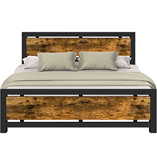 Aqgrj queensize bedframe, platformbedframe met hoofdeinde en stalen stevige lattenbodem, sterke steunpoten, geluidsvrij, geen boxspring nodig, eenvoudige montage, bruin