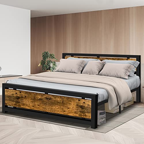 Aqgrj queensize bedframe, platformbedframe met hoofdeinde en stalen stevige lattenbodem, sterke steunpoten, geluidsvrij, geen boxspring nodig, eenvoudige montage, bruin