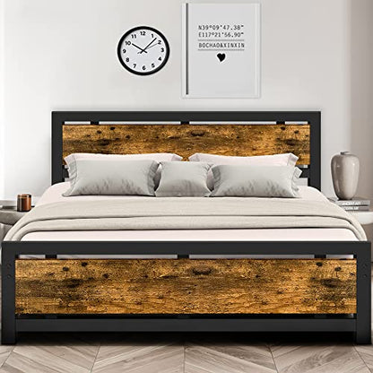 Aqgrj queensize bedframe, platformbedframe met hoofdeinde en stalen stevige lattenbodem, sterke steunpoten, geluidsvrij, geen boxspring nodig, eenvoudige montage, bruin