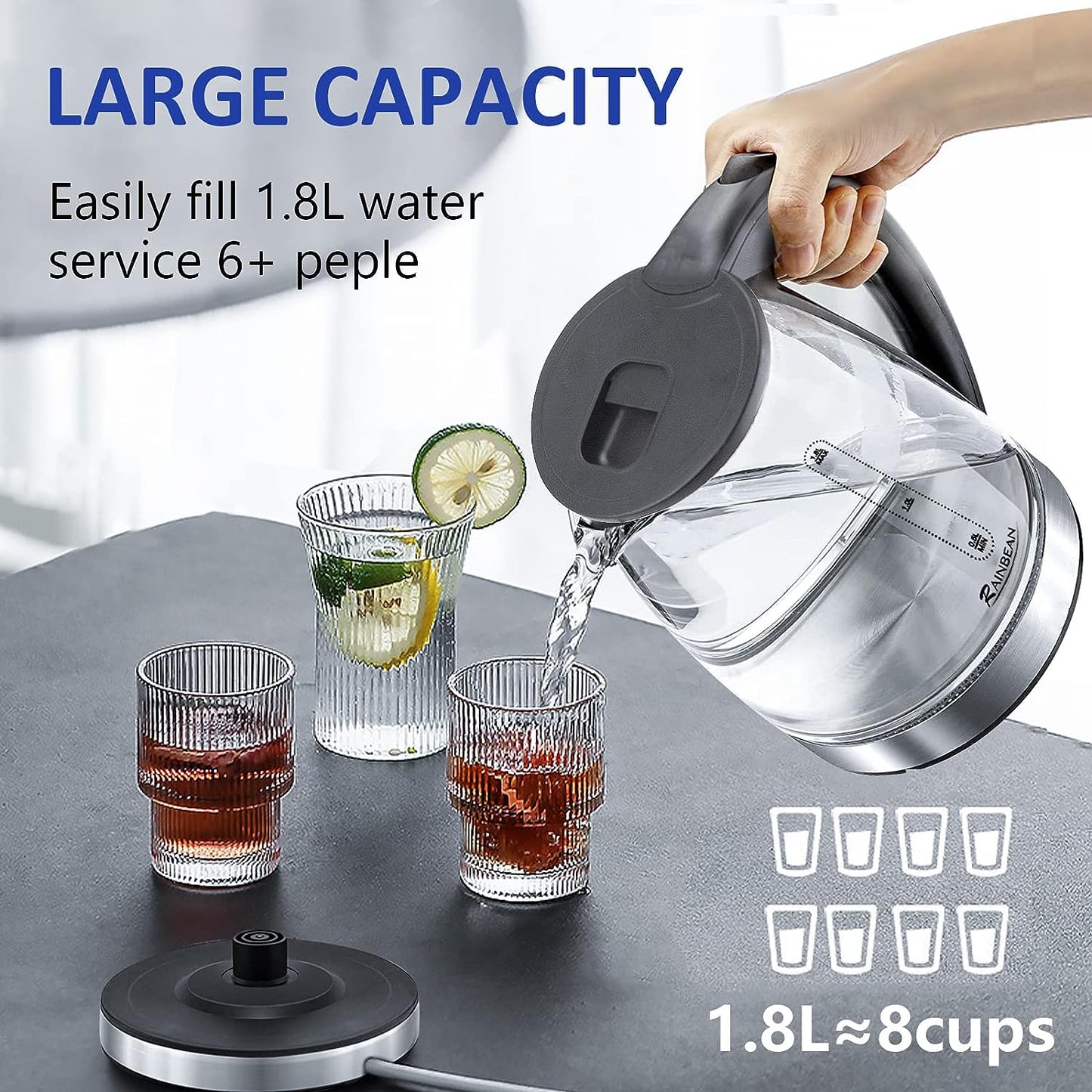Modern Black Glass Hot Water Boiler with Wide Opening