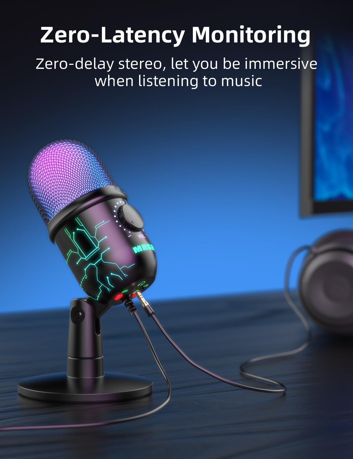 MRSDY USB Gaming Microphone for PC with Noise Reduction, Mute, Gain, RGB | Condenser Mic, Headphone Jack, Suitable for PC, Computer, PS4, PS5, Mac, Streaming, Podcasting, Recording, YouTube, Discord