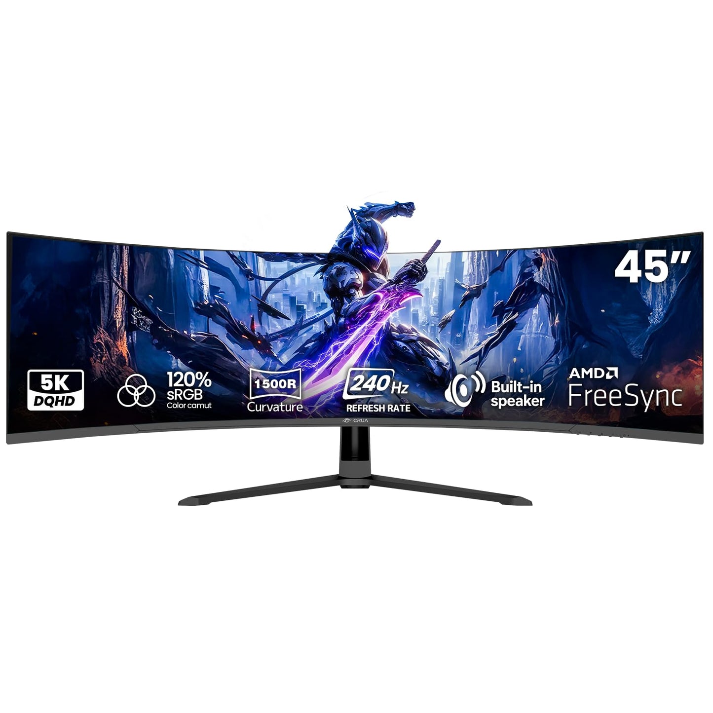 CRUA 45" Curved Gaming Monitor, 240Hz DQHD 5120×1440 UltraWide 32:9 VA Screen Computer Monitors, 120% sRGB,1500R, AMD FreeSync Compatible, Built-in Speakers, HDMI 2.1 & DP 1.4, Wall Mountable – Black