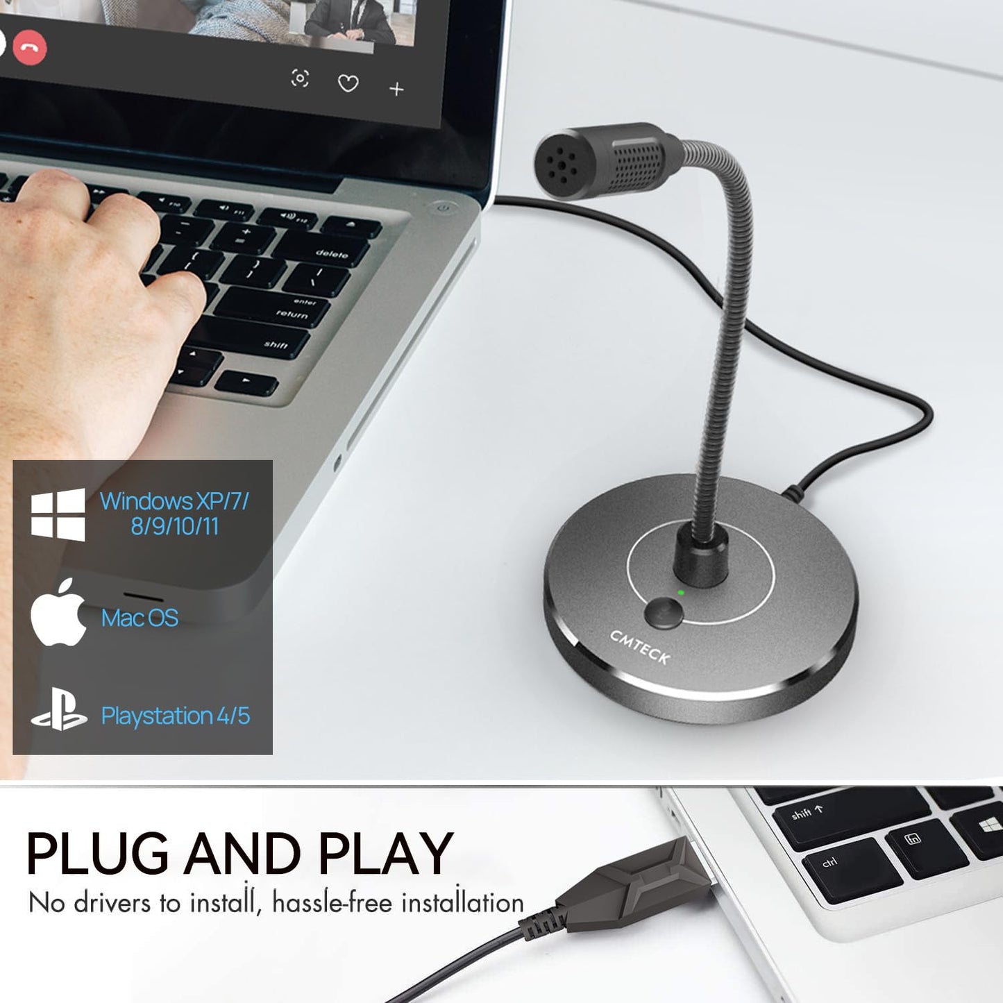 CMTECK USB Computer Microphone, Microphone for pc with RGB Light, Mute Function, Noise-Cancelling Recording Desktop Mic for Laptop for Online Chatting, Home Studio, Podcasting, Gaming, Skype, YouTube