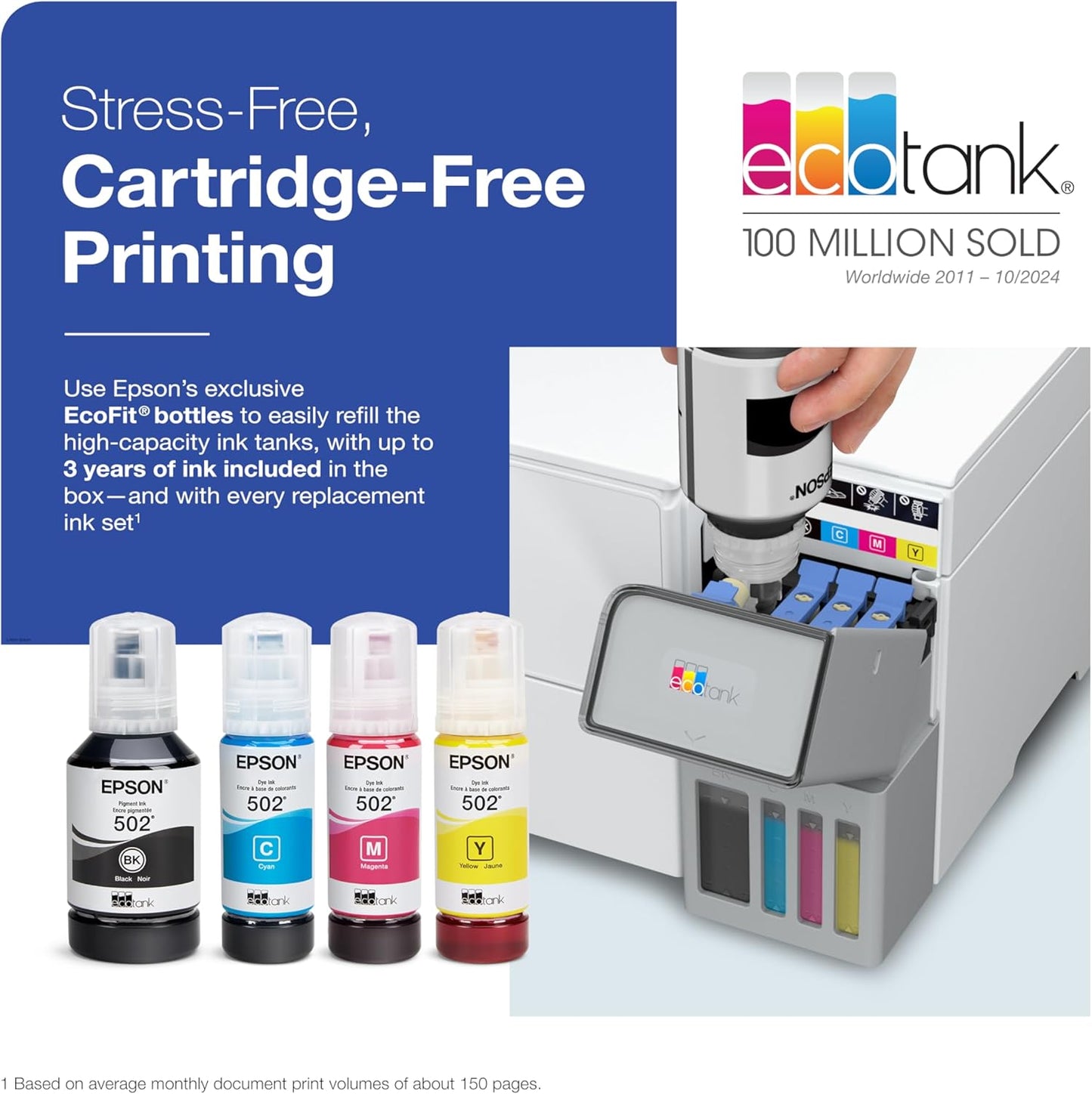 Epson EcoTank ET-3958 Wireless All-in-One Color Supertank Printer with up to 3 Years of Ink, Refillable Tanks, Perfect for Home Office, 18 PPM, 2.4" Color Screen, Auto Document Feeder (Renewed)
