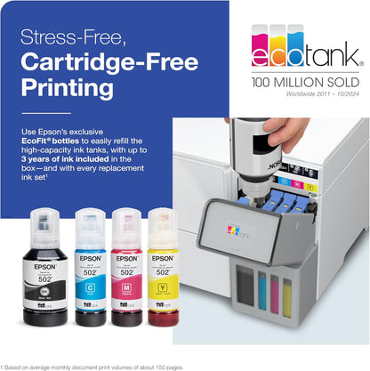 Epson EcoTank ET-3958 Wireless All-in-One Color Supertank Printer with up to 3 Years of Ink, Refillable Tanks, Perfect for Home Office, 18 PPM, 2.4" Color Screen, Auto Document Feeder (Renewed)