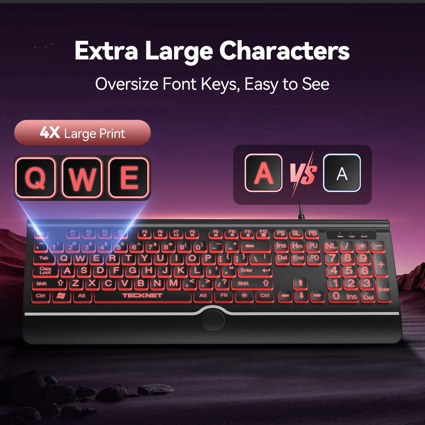TECKNET Large Print Backlit Keyboard, Wired USB-A Computer Keyboard with Wrist Rest, 7-Color Backlit, Oversized Letter Keys Easy to See, Plug-and-Play, Silent, Light Up Keyboard for Windows/PC/Laptop