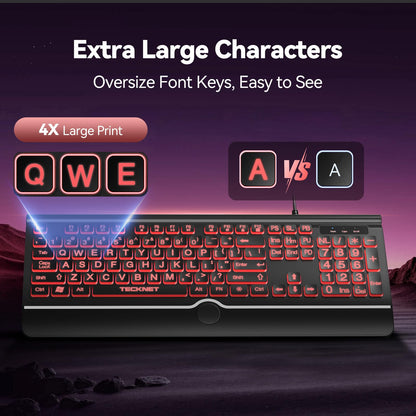 TECKNET Large Print Backlit Keyboard, Wired USB-A Computer Keyboard with Wrist Rest, 7-Color Backlit, Oversized Letter Keys Easy to See, Plug-and-Play, Silent, Light Up Keyboard for Windows/PC/Laptop