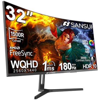 SANSUI 27 Inch Curved Gaming Monitor 180Hz 1ms with Speakers FHD 1080P Computer Monitor FreeSync|1500R|130% sRGB|HDR|Low Blue Light|HDMI DP Ports|VESA Mount|Metal Stand(ES-G27C1 HDMI Cable Incl.)