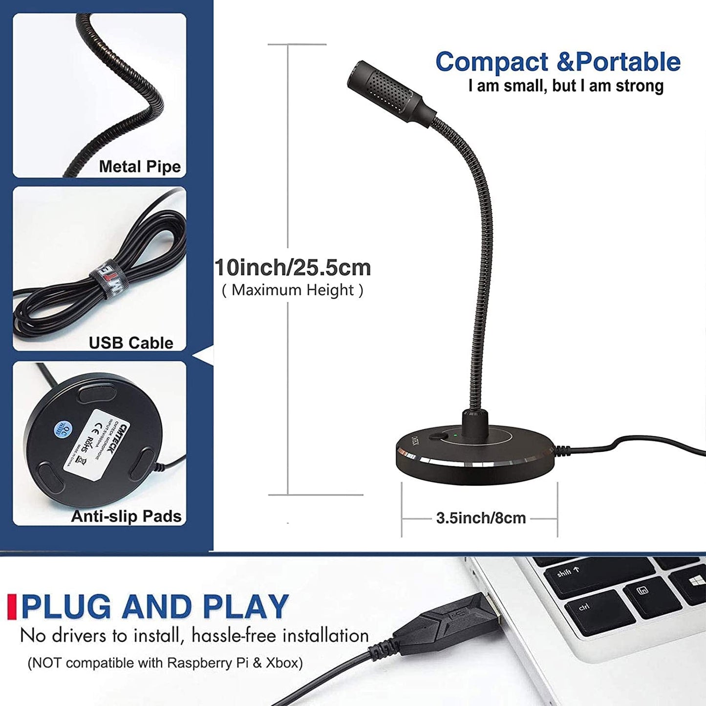 CMTECK USB Computer Microphone, Microphone for pc with RGB Light, Mute Function, Noise-Cancelling Recording Desktop Mic for Laptop for Online Chatting, Home Studio, Podcasting, Gaming, Skype, YouTube