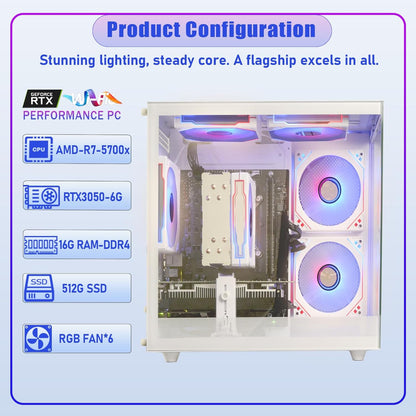 suevery Prebuilt Gaming PC Desktop, Ryzen 7 5700X (8-Core/16-Thread, Up to 4.6GHz), RTX 3050 6GB, 16GB DDR4 RAM, 512GB NVMe SSD, WiFi6, 4K Editing Streaming VR,High End Computer Tower White