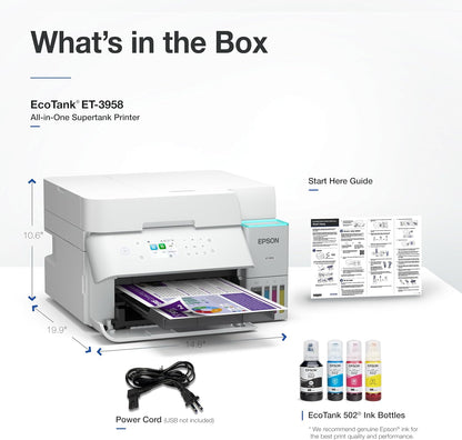 Epson EcoTank ET-3958 Wireless All-in-One Color Supertank Printer with up to 3 Years of Ink, Refillable Tanks, Perfect for Home Office, 18 PPM, 2.4" Color Screen, Auto Document Feeder (Renewed)