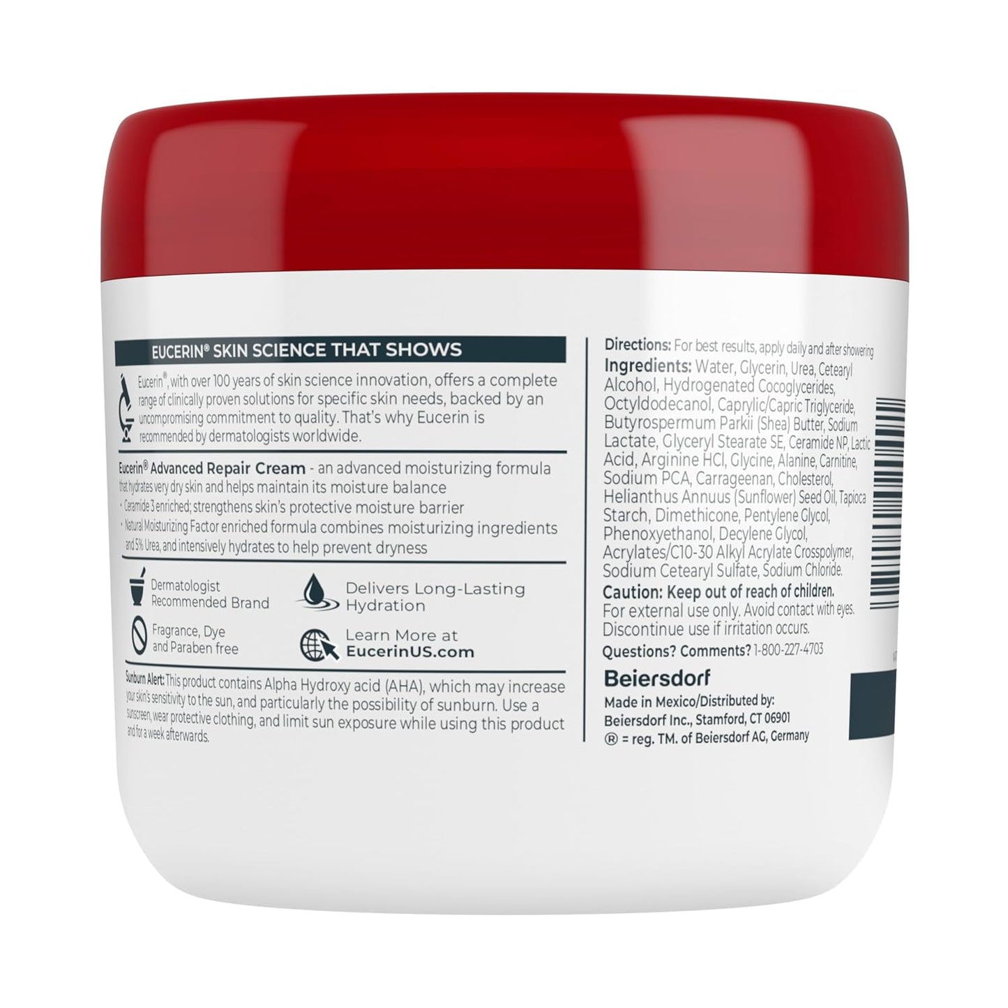 Eucerin Advanced Repair Body Cream, Urea Enriched, Unscented Body Cream for Dry Skin With Triple Moisturizing Complex, 8 OZ Tube