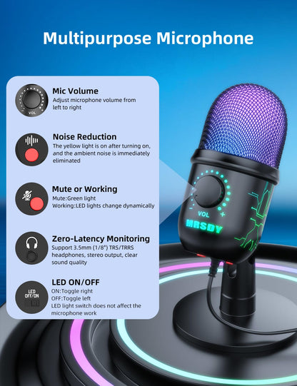 MRSDY USB Gaming Microphone for PC with Noise Reduction, Mute, Gain, RGB | Condenser Mic, Headphone Jack, Suitable for PC, Computer, PS4, PS5, Mac, Streaming, Podcasting, Recording, YouTube, Discord