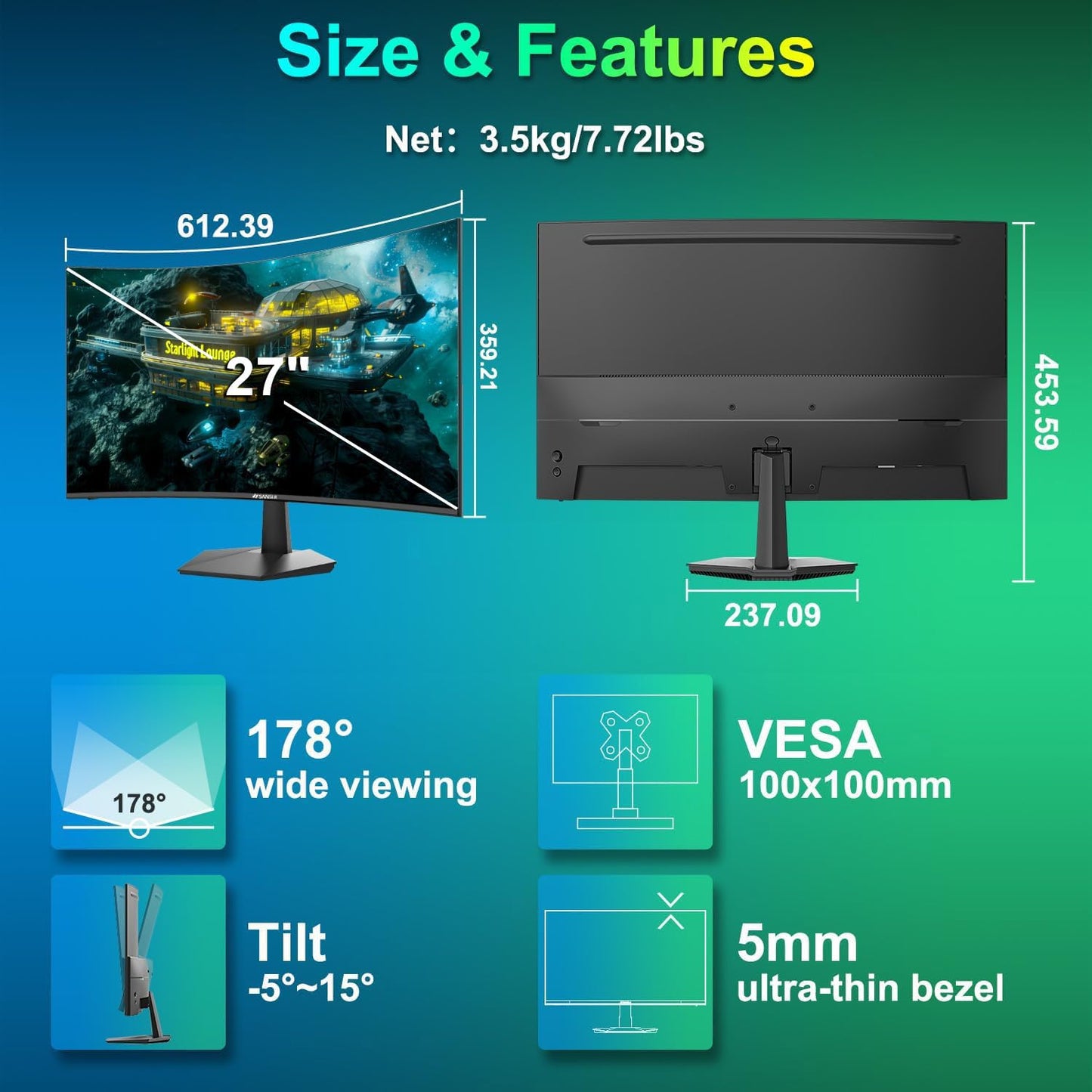SANSUI 27 Inch Curved 240Hz Gaming Monitor FHD 1080P, 1500R Curve Computer Monitor, 130% sRGB, 4000:1 Contrast, HDR, FreeSync, MPRT 1Ms, Low Blue Light, HDMI DP Ports, Metal Stand, DP Cable Incl.