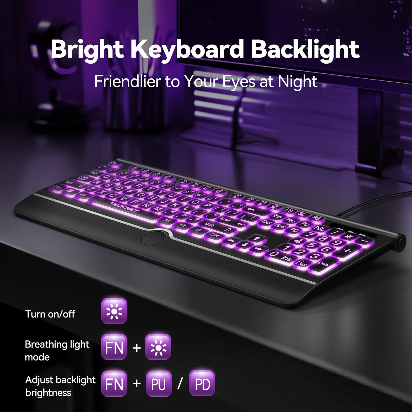 TECKNET Large Print Backlit Keyboard, Wired USB-A Computer Keyboard with Wrist Rest, 7-Color Backlit, Oversized Letter Keys Easy to See, Plug-and-Play, Silent, Light Up Keyboard for Windows/PC/Laptop
