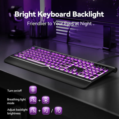 TECKNET Large Print Backlit Keyboard, Wired USB-A Computer Keyboard with Wrist Rest, 7-Color Backlit, Oversized Letter Keys Easy to See, Plug-and-Play, Silent, Light Up Keyboard for Windows/PC/Laptop