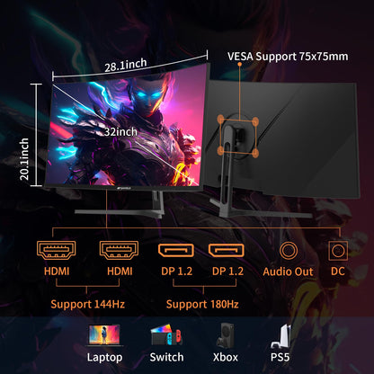 SANSUI 27 Inch Curved Gaming Monitor 180Hz 1ms with Speakers FHD 1080P Computer Monitor FreeSync|1500R|130% sRGB|HDR|Low Blue Light|HDMI DP Ports|VESA Mount|Metal Stand(ES-G27C1 HDMI Cable Incl.)