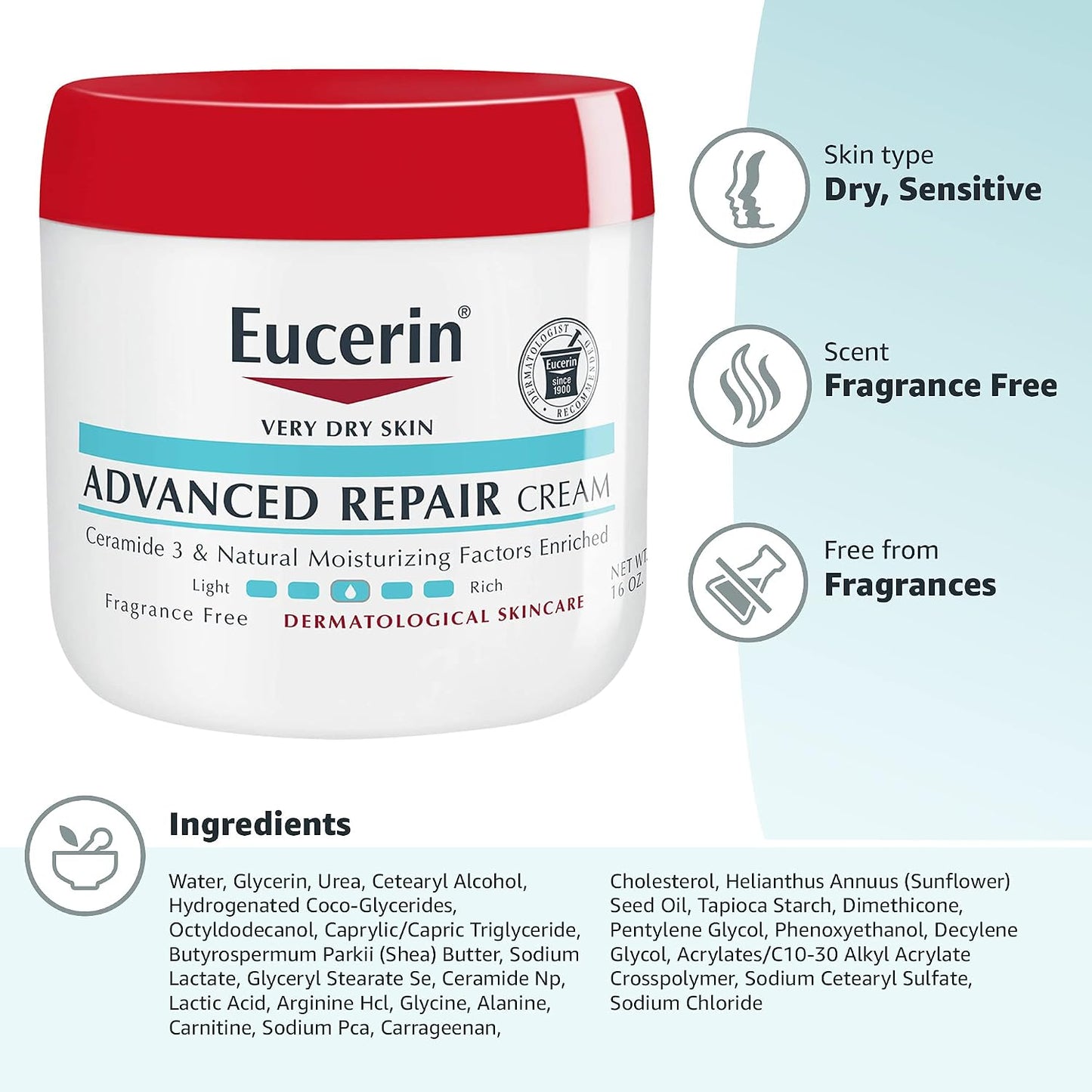Eucerin Advanced Repair Body Cream, Urea Enriched, Unscented Body Cream for Dry Skin With Triple Moisturizing Complex, 8 OZ Tube