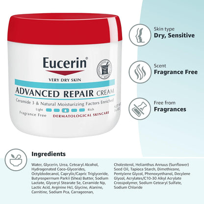 Eucerin Advanced Repair Body Cream, Urea Enriched, Unscented Body Cream for Dry Skin With Triple Moisturizing Complex, 8 OZ Tube