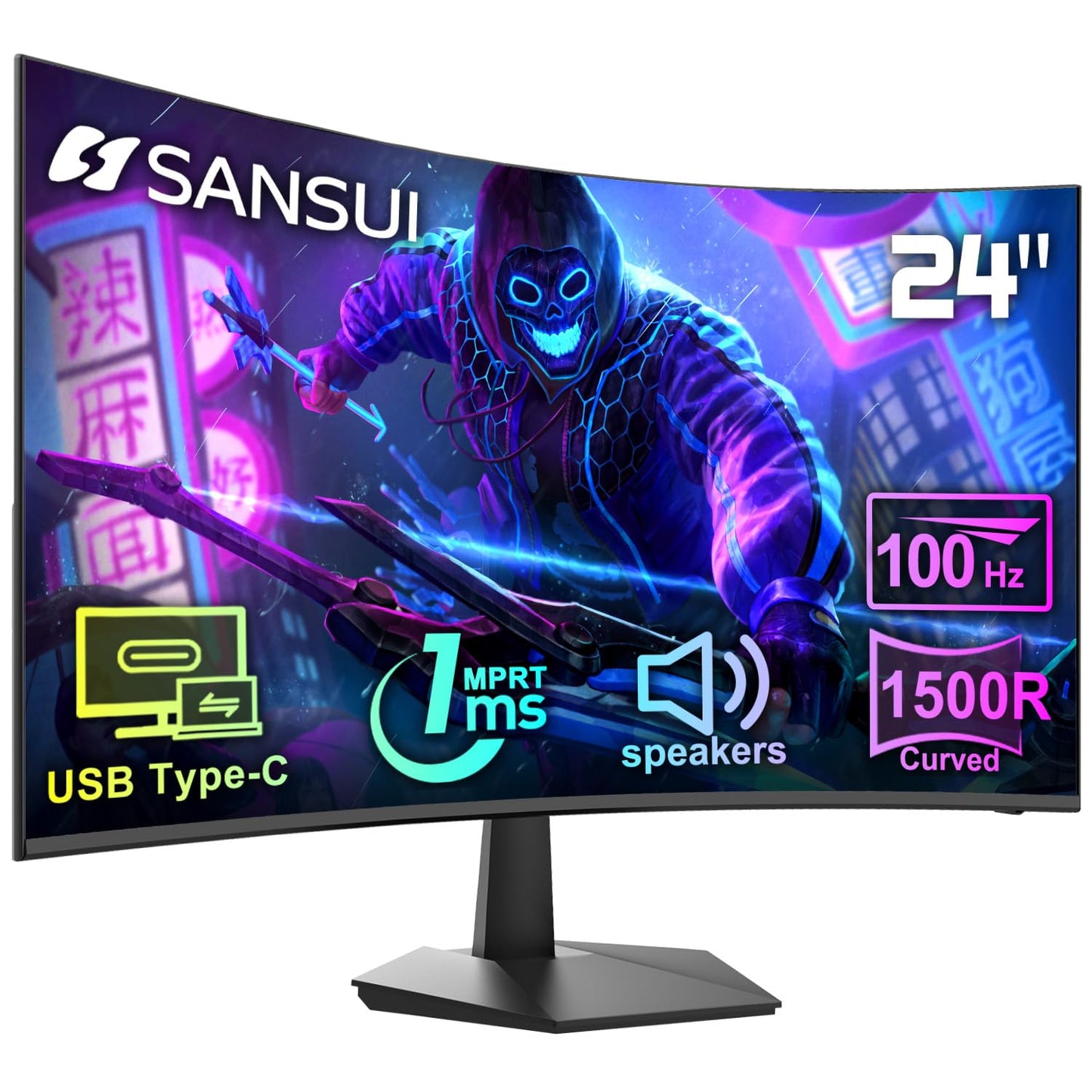 SANSUI 27 Inch Curved Gaming Monitor 180Hz 1ms with Speakers FHD 1080P Computer Monitor FreeSync|1500R|130% sRGB|HDR|Low Blue Light|HDMI DP Ports|VESA Mount|Metal Stand(ES-G27C1 HDMI Cable Incl.)