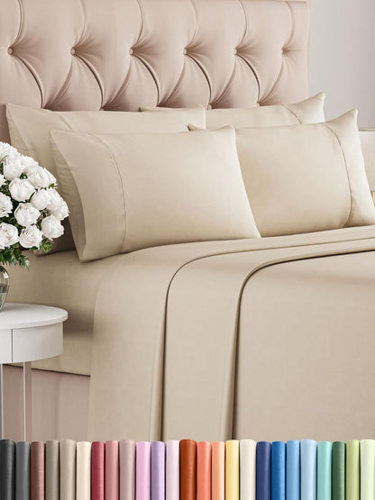 Queen 6 Piece Sheet Set - Cooling Sheets for Hot Sleepers - Hotel Luxury Bedding Set with 8-16 Inch Deep Pockets - 1 Flat & 1 Fitted & 4 Pillowcases - Ultra Soft, Easy Care and Wrinkle Free - White