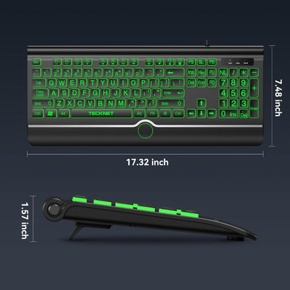 TECKNET Large Print Backlit Keyboard, Wired USB-A Computer Keyboard with Wrist Rest, 7-Color Backlit, Oversized Letter Keys Easy to See, Plug-and-Play, Silent, Light Up Keyboard for Windows/PC/Laptop