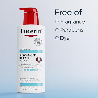 Eucerin Advanced Repair Body Cream, Urea Enriched, Unscented Body Cream for Dry Skin With Triple Moisturizing Complex, 8 OZ Tube