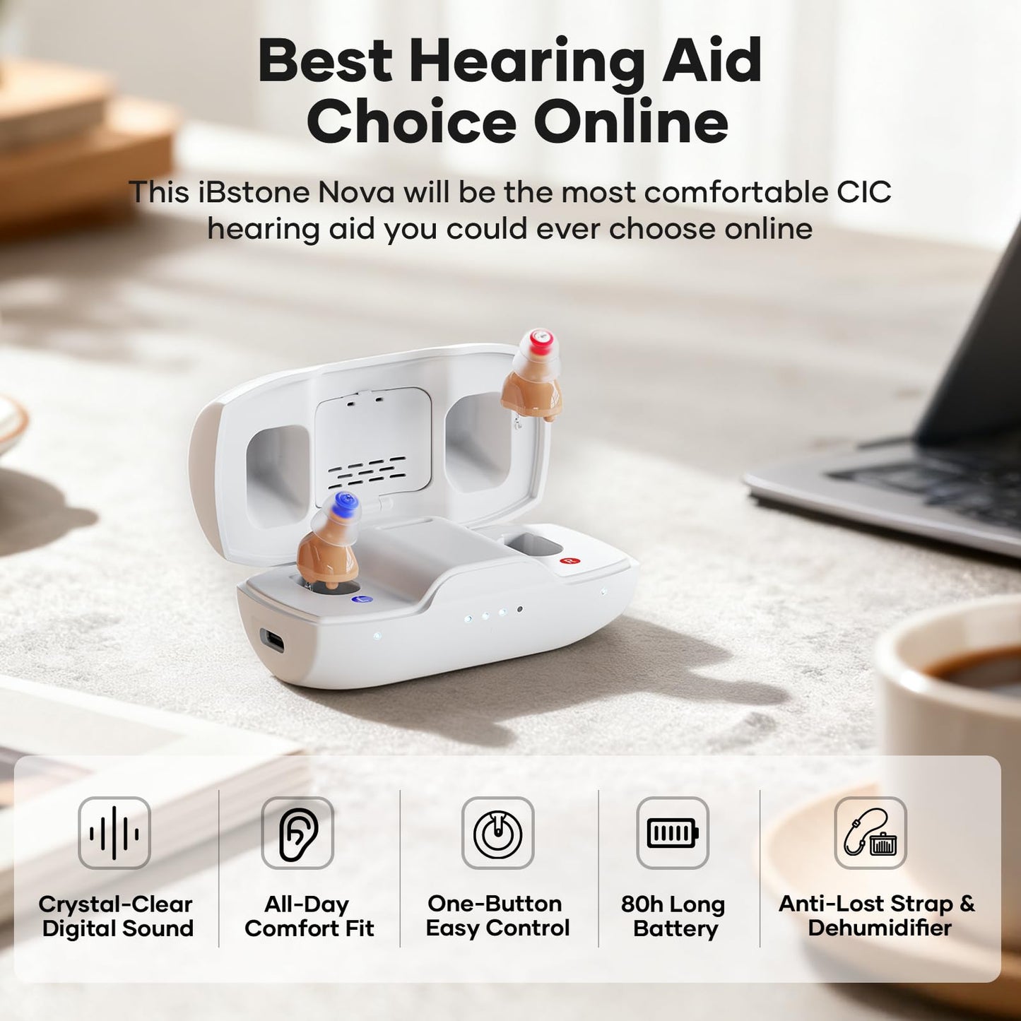 Nova Hearing Aids for Seniors Adults: Superior Sound Quality - Smart Noise Cancelling - No Feedback - 1.5Hrs Charging for 100Hrs Working - Come with Anti-Lost Lanyard - Over-the-Counter