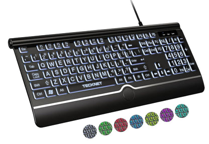 TECKNET Large Print Backlit Keyboard, Wired USB-A Computer Keyboard with Wrist Rest, 7-Color Backlit, Oversized Letter Keys Easy to See, Plug-and-Play, Silent, Light Up Keyboard for Windows/PC/Laptop