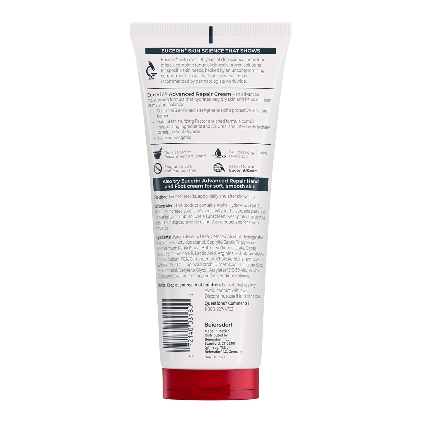 Eucerin Advanced Repair Body Cream, Urea Enriched, Unscented Body Cream for Dry Skin With Triple Moisturizing Complex, 8 OZ Tube